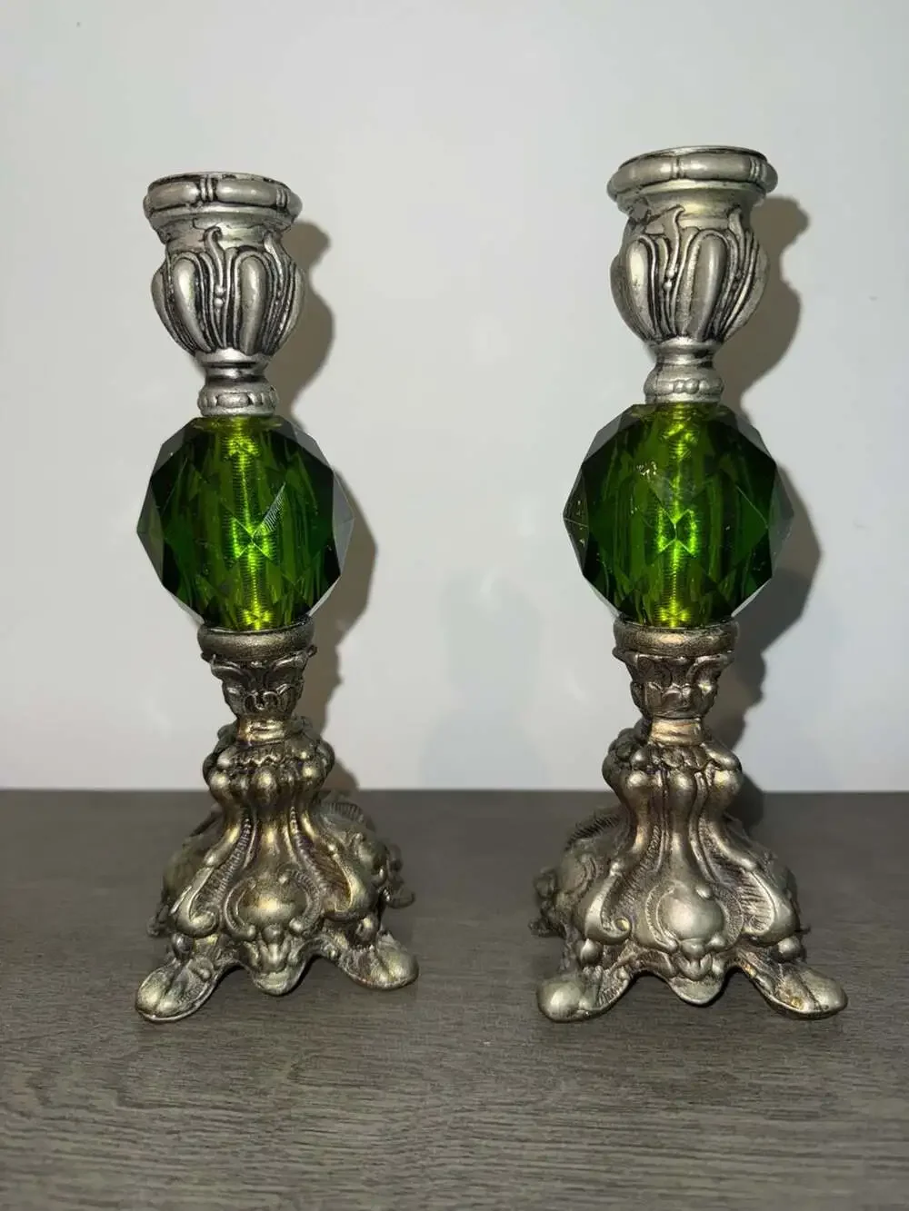 Vintage Hollywood Regency Metal Candlestick Holders with Green Lucite Orbs - Set